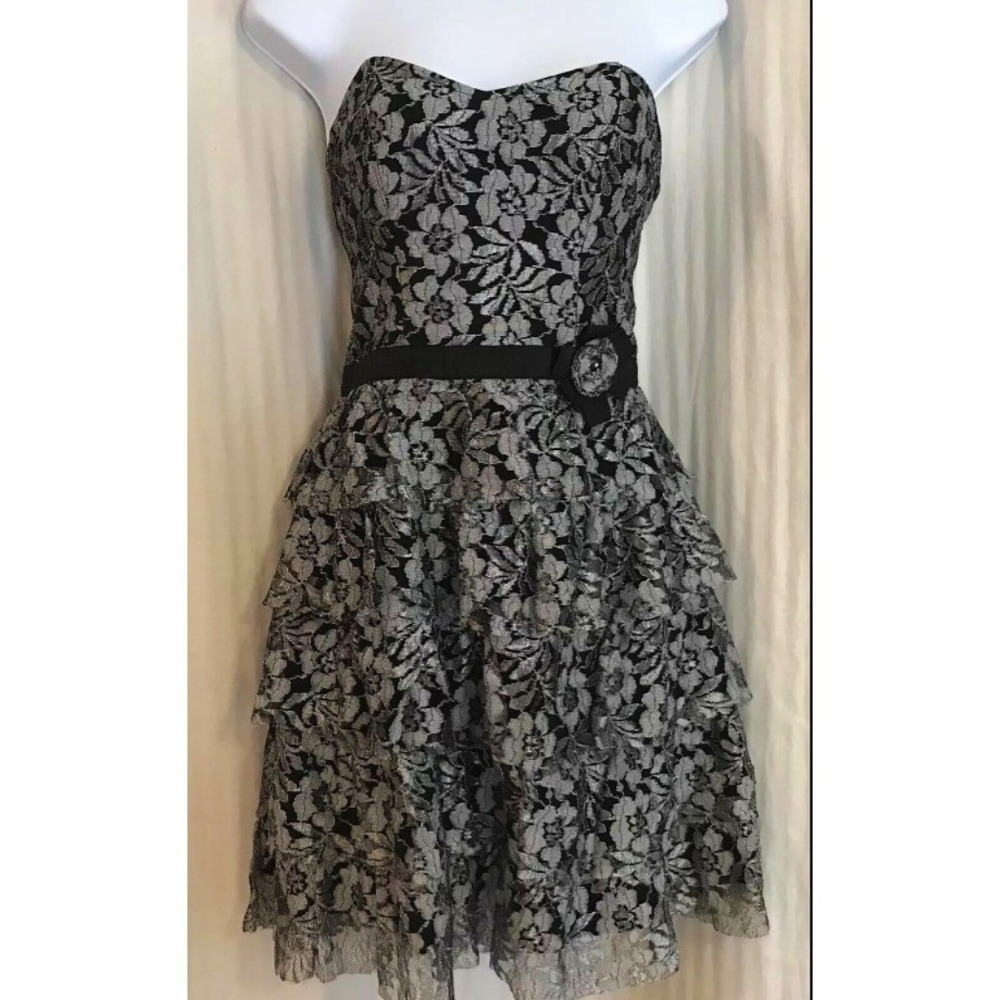 American Rag Y2K Goth Glam Romantic Coquette Silver Black Floral Lace Dress S 5